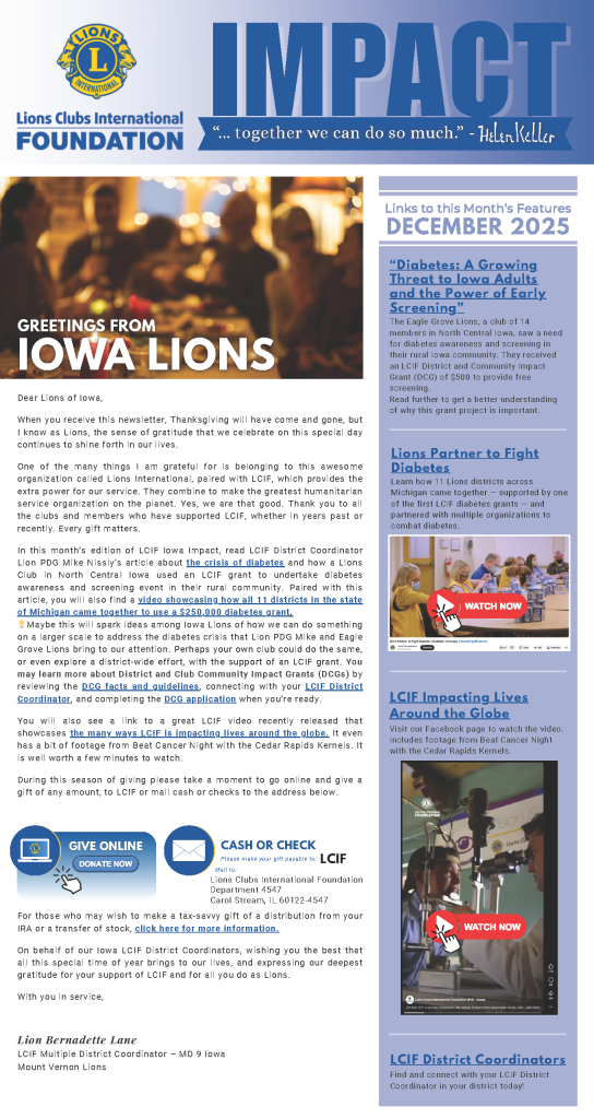 Thumbnail of the LCIF Iowa IMPACT newsletter front page