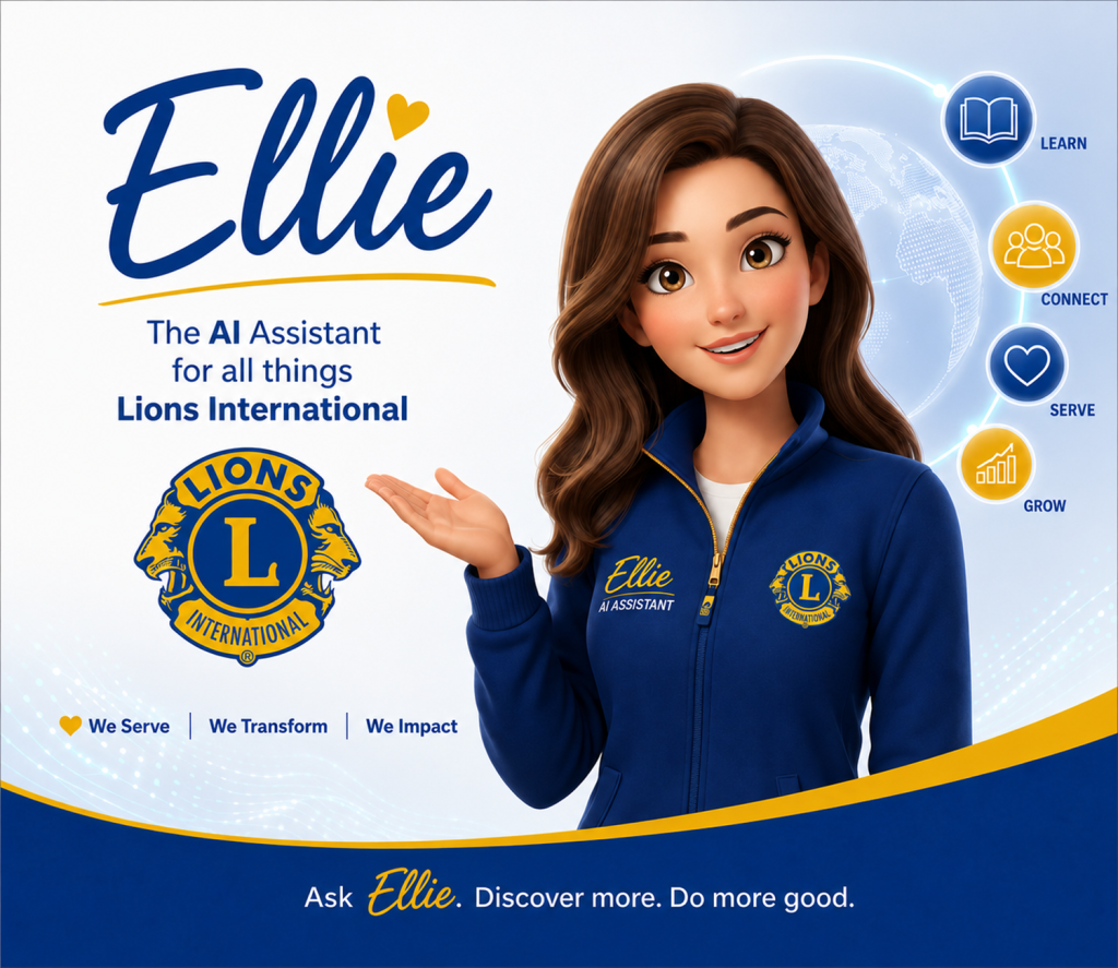 An AI-generated image of a young woman wearing a blue half-zip polo with a Lions logo on the left chest and the name Ellie and AI Assistant on the right chest. The name Ellie is spelled out large at the top with "The AI Assistant for all things Lions International" underneath it and a Lions International logo below that. Four icons along the right side of the image say Learn Connect, Serve, Grow. A banner across the bottom of the image says "Ask Ellie. Discover more. Do more good.